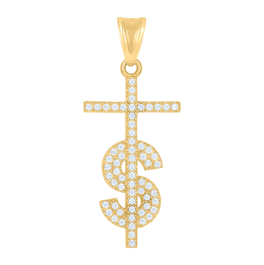 10K Yellow Gold Mens Cubic-Zirconia Dollar Sign Cross Religious Charm Pendant