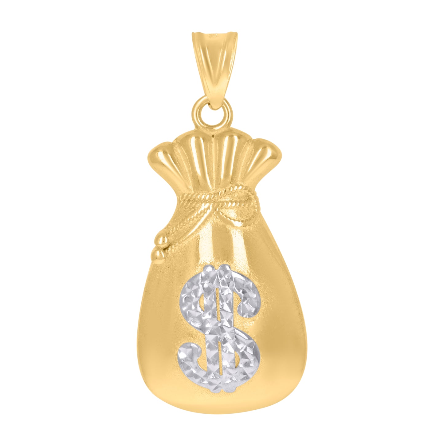 10K Two-Tone Gold Mens Dollar Sign Money Bag Currency Charm Pendant