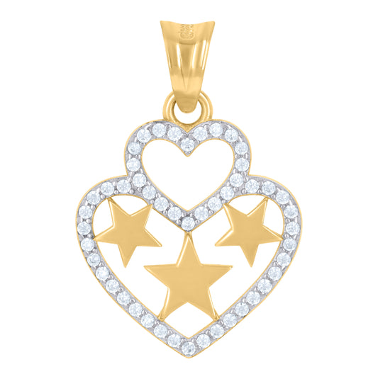10K Two-Tone Gold Womens Cubic-Zirconia Celestial Stars Heart Charm Pendant
