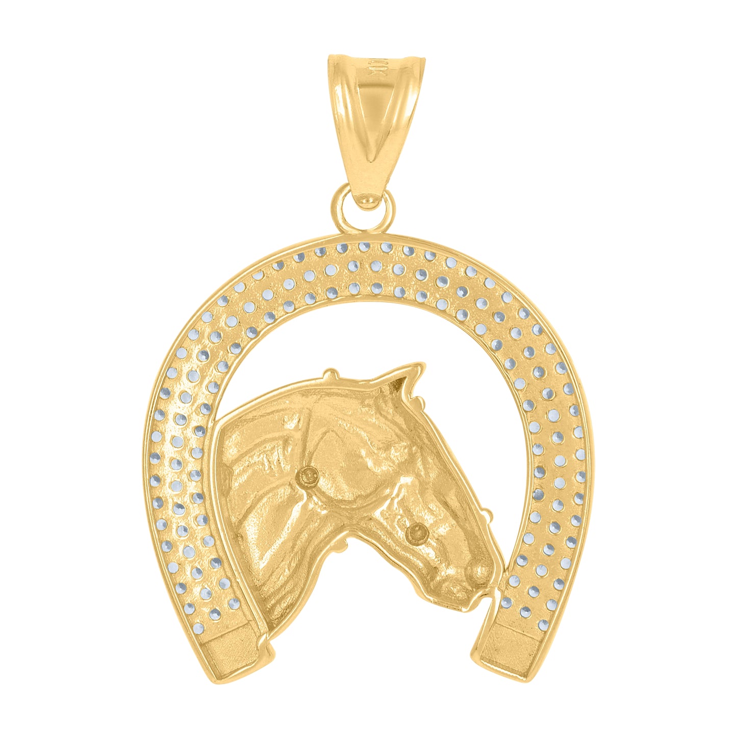 10K Two-Tone Gold Mens Cubic-Zirconia Horse Head Horseshoe Good Luck Charm Pendant