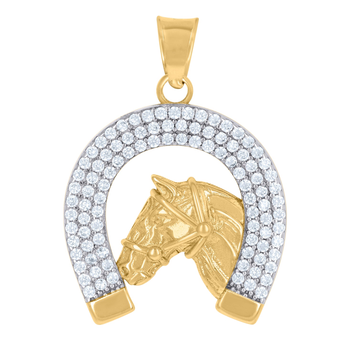 10K Two-Tone Gold Mens Cubic-Zirconia Horse Head Horseshoe Good Luck Charm Pendant