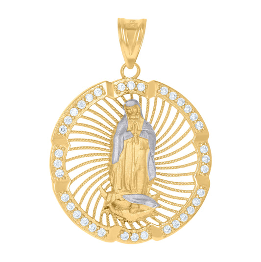 10K Two-Tone Gold Mens Cubic-Zirconia Medallion Guadalupe Religious Charm Pendant