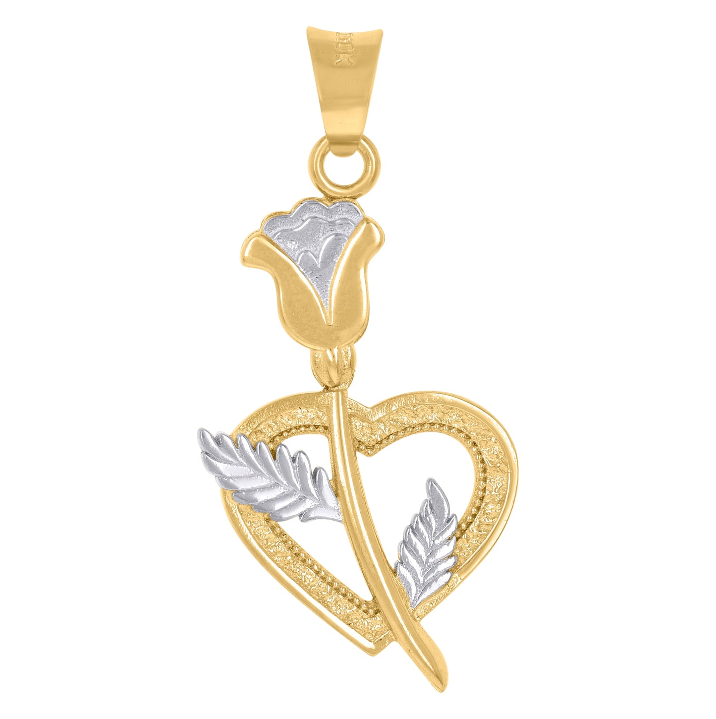 10K Two-Tone Gold Womens Rose Flower Heart Charm Pendant