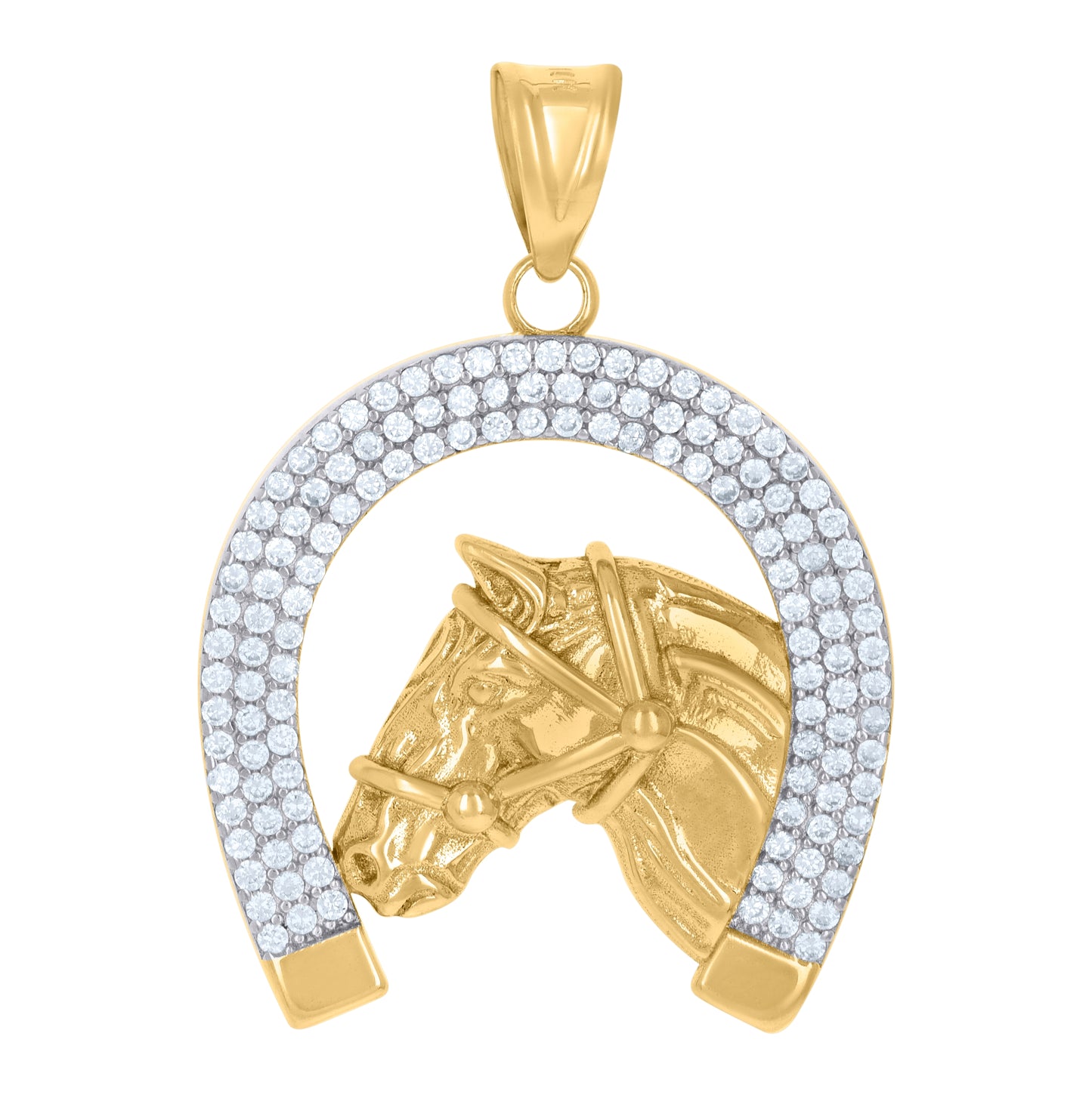 10K Two-Tone Gold Mens Cubic-Zirconia Horse Head Horseshoe Good Luck Charm Pendant