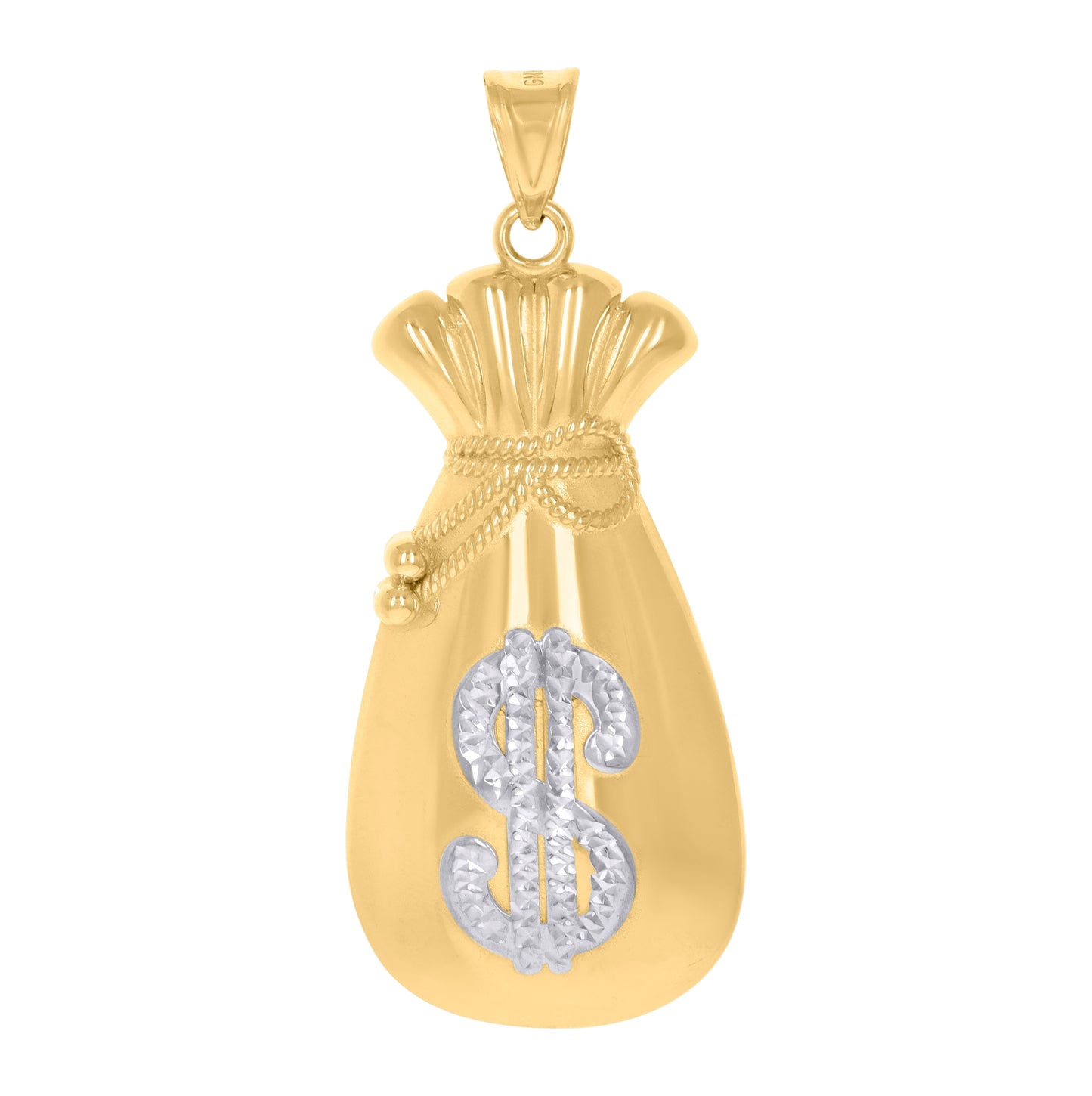 10K Two-Tone Gold Mens Dollar Sign Money Bag Currency Charm Pendant