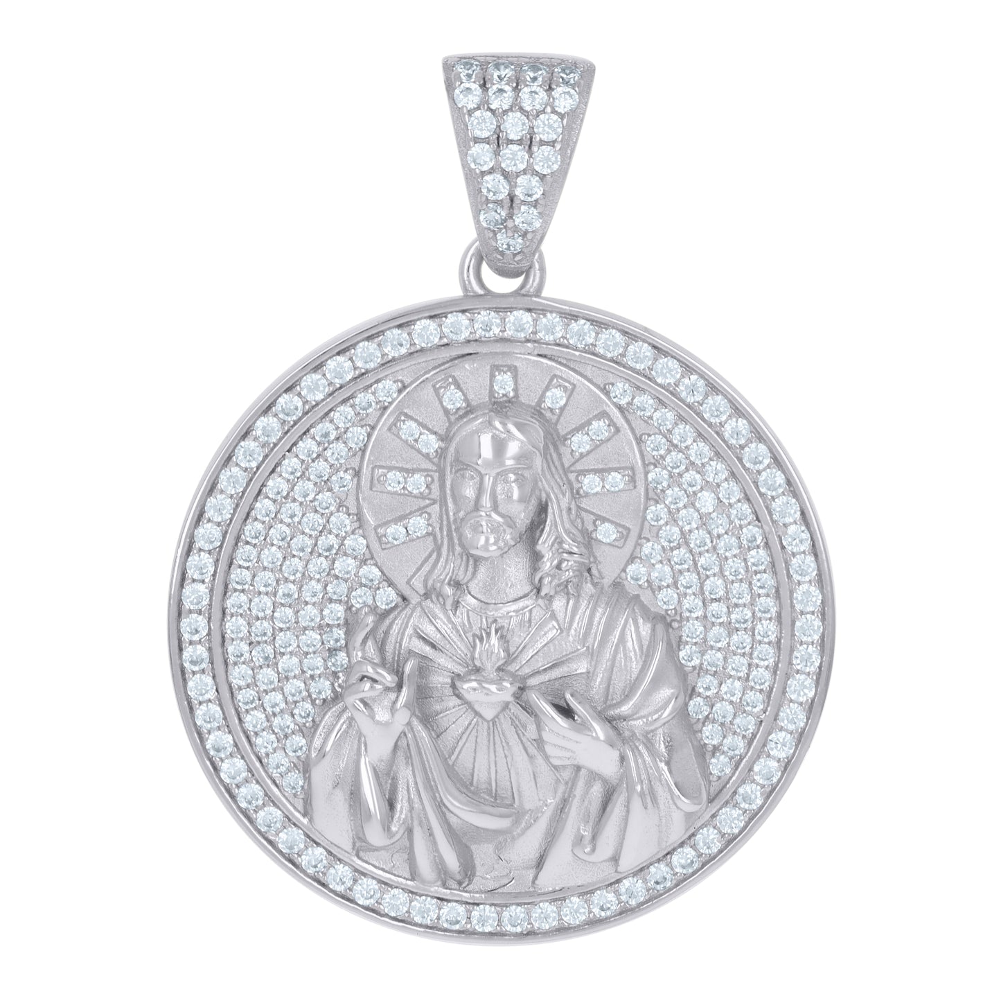 Sterling Silver Mens Cubic-Zirconia Medallion Sacred Heart Of Jesus Religious Charm Pendant