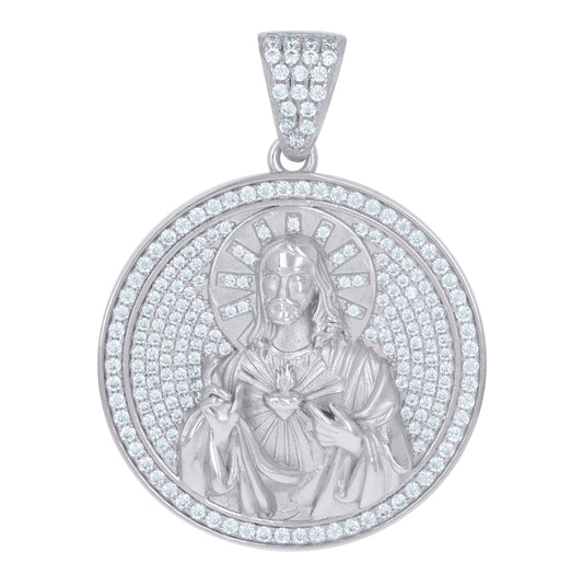 Sterling Silver Mens Cubic-Zirconia Medallion Sacred Heart Of Jesus Religious Charm Pendant