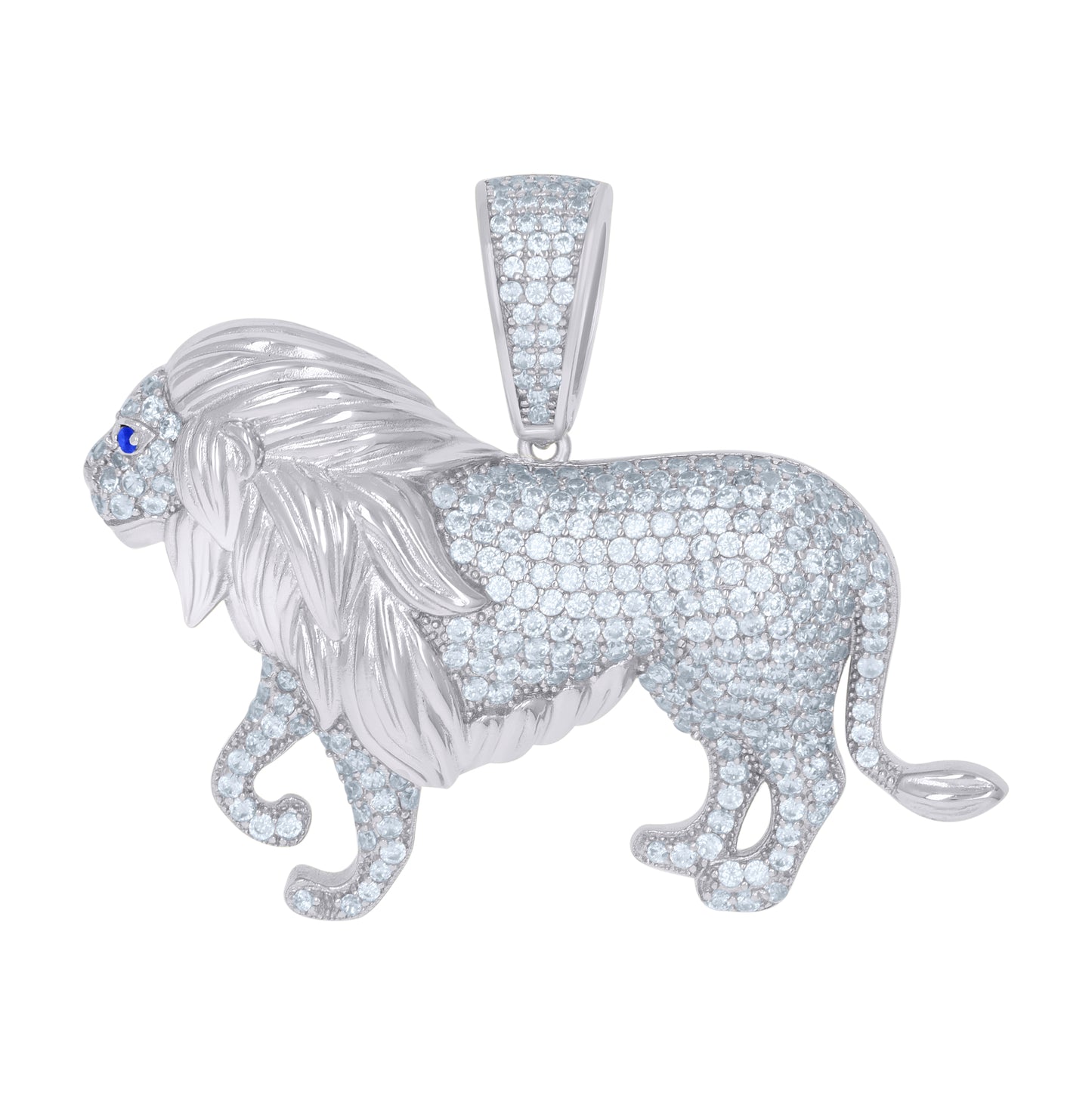 Sterling Silver Mens Blue Cubic-Zirconia Lion Animal Wildlife Charm Pendant