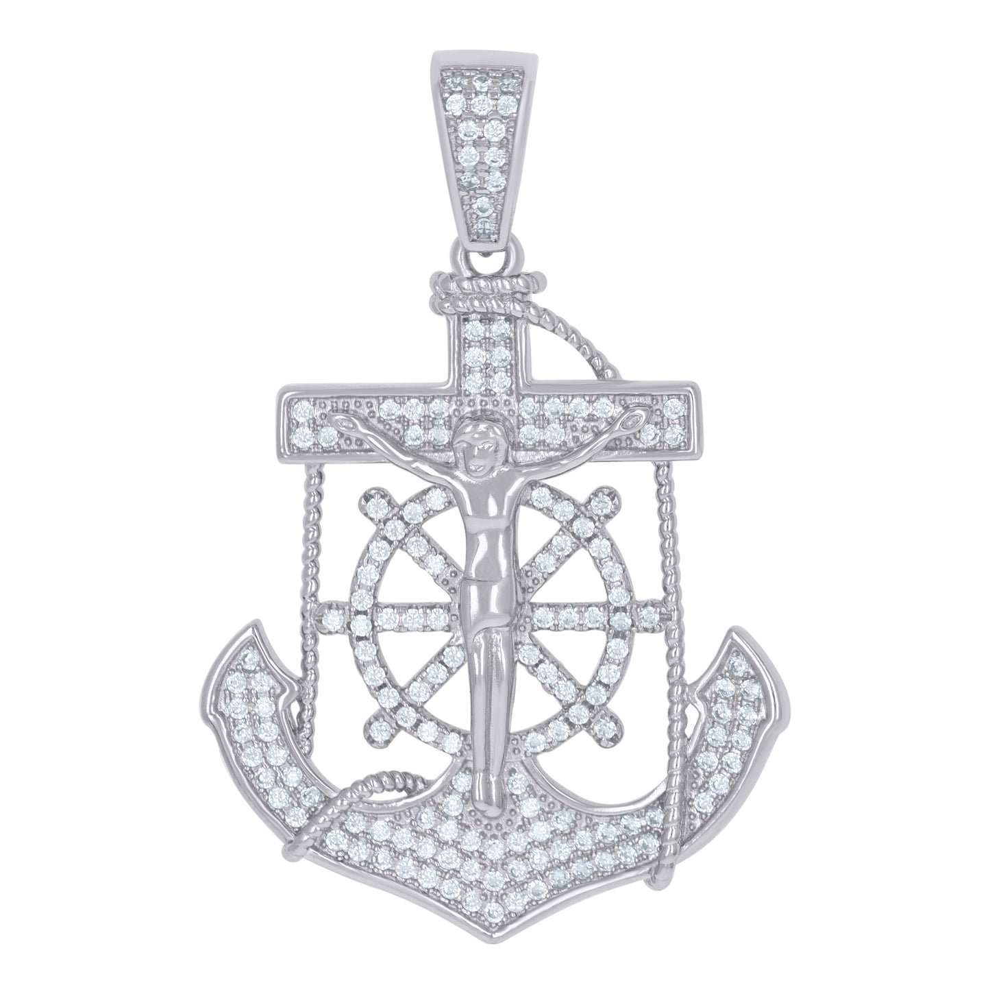 Sterling Silver Mens Cubic-Zirconia Anchor Crucifix Religious Charm Pendant