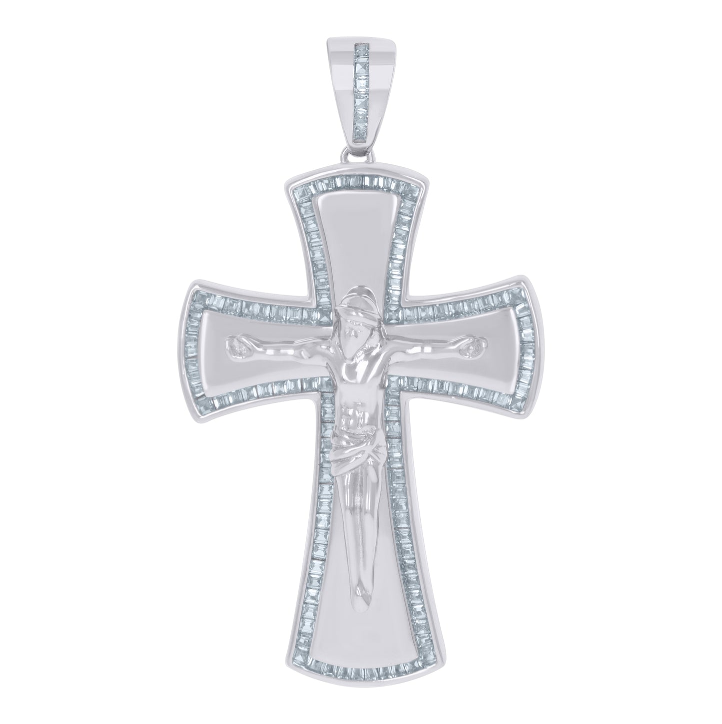 Sterling Silver Mens Baguette Cubic-Zirconia Crucifix Cross Religious Charm Pendant