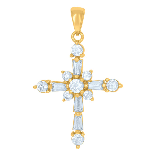 Sterling Silver Unisex Baguette Cubic Zirconia Cross Religious Charm Pendant
