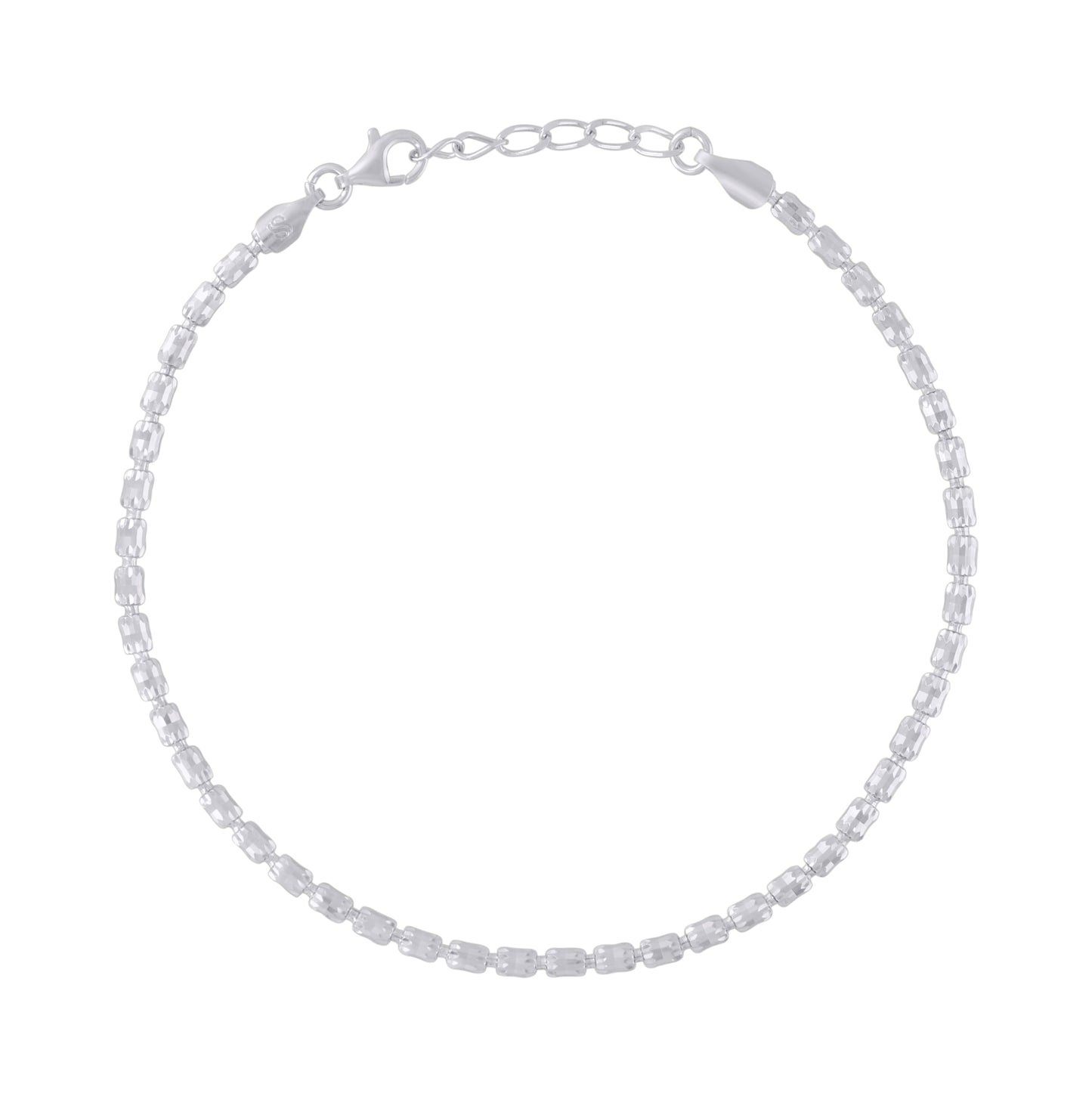 Sterling Silver Rhodium Plated Womens Crystal-Cut Barrel Chain Anklet 3 mm Size 10 Inches