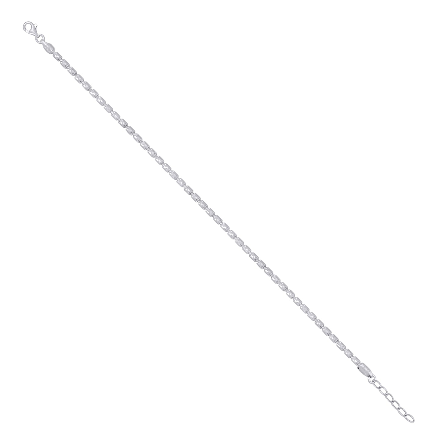 Sterling Silver Rhodium Plated Womens Crystal-Cut Barrel Chain Anklet 3 mm Size 10 Inches