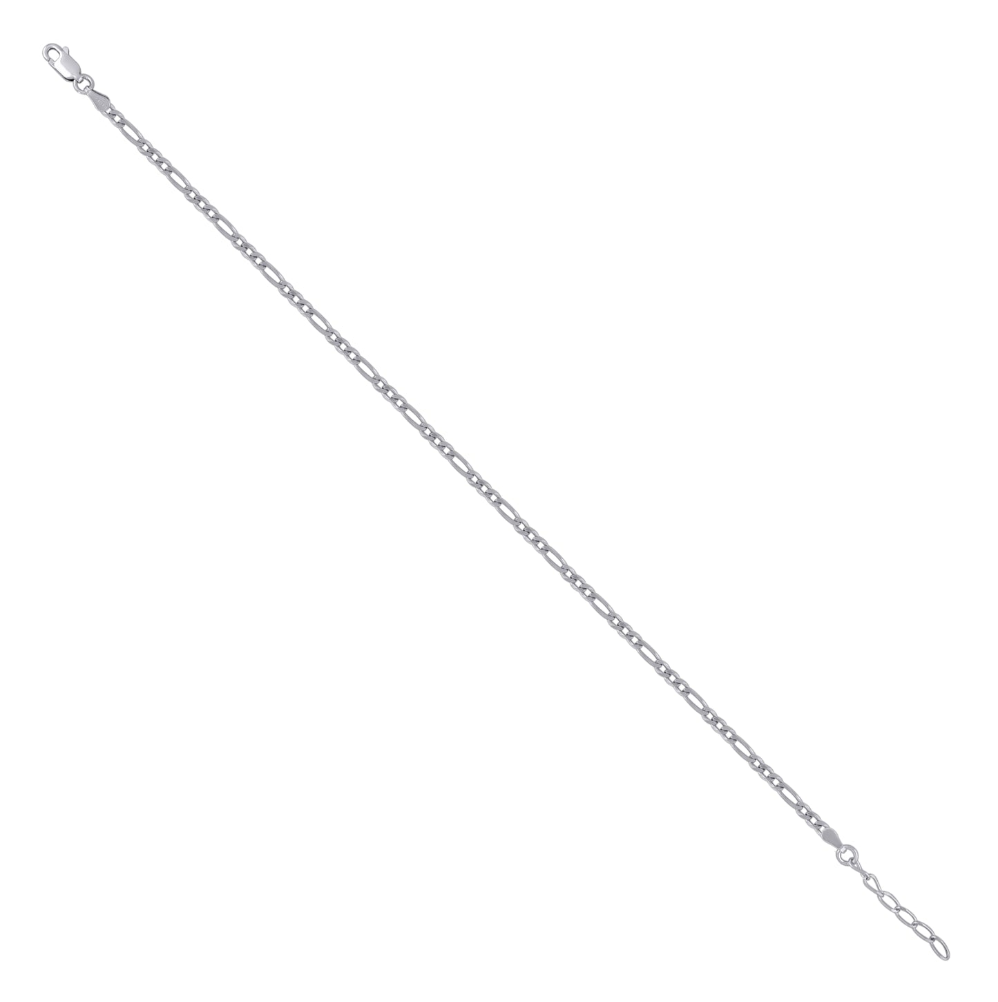 Sterling Silver Rhodium Plated Womens Plain Figaro Chain Anklet 3 mm Size 10 Inches
