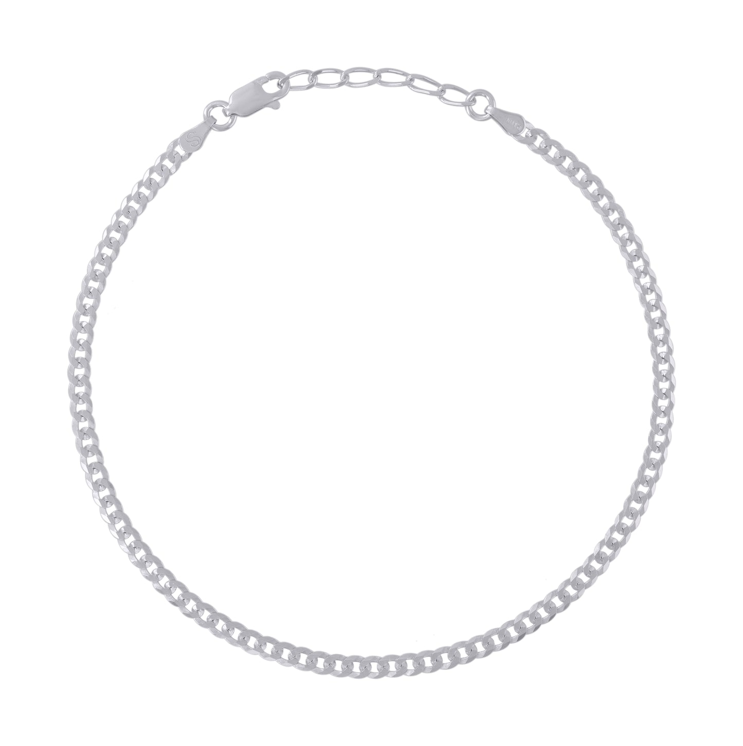 Sterling Silver Rhodium Plated Womens Cuban Chain Anklet 3 mm Size 10 Inches