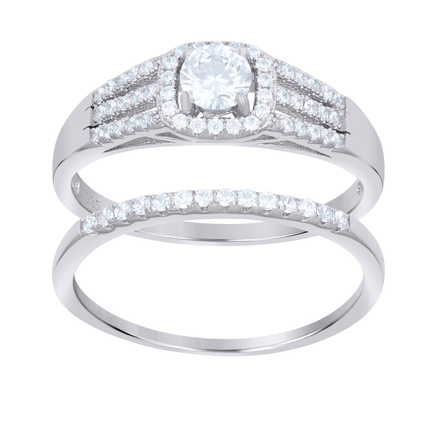 Sterling Silver Women's Cubic-Zirconia Fashion Duo Bridal Anniversary Wedding Engagement Band Ring Set
