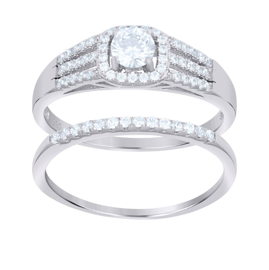 Sterling Silver Women's Cubic-Zirconia Fashion Duo Bridal Anniversary Wedding Engagement Band Ring Set