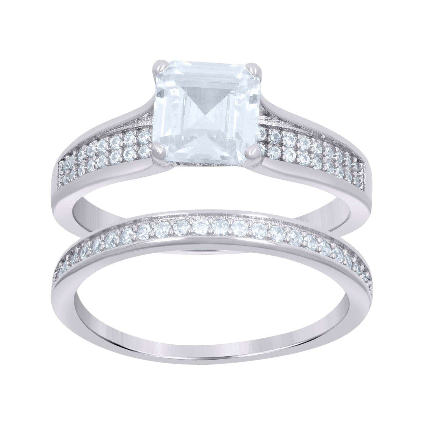 Sterling Silver Womens Cushion-Cut Round Cubic-Zirconia Square Head Duo Bridal Anniversary Wedding Engagement Band Ring Set