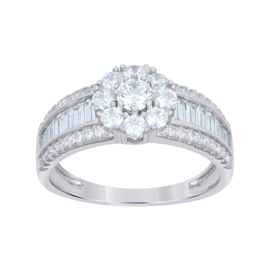 Sterling Silver Womens Baguette Round Cubic-Zirconia Flower Fashion Bridal Anniversary Wedding Engagement Band Ring