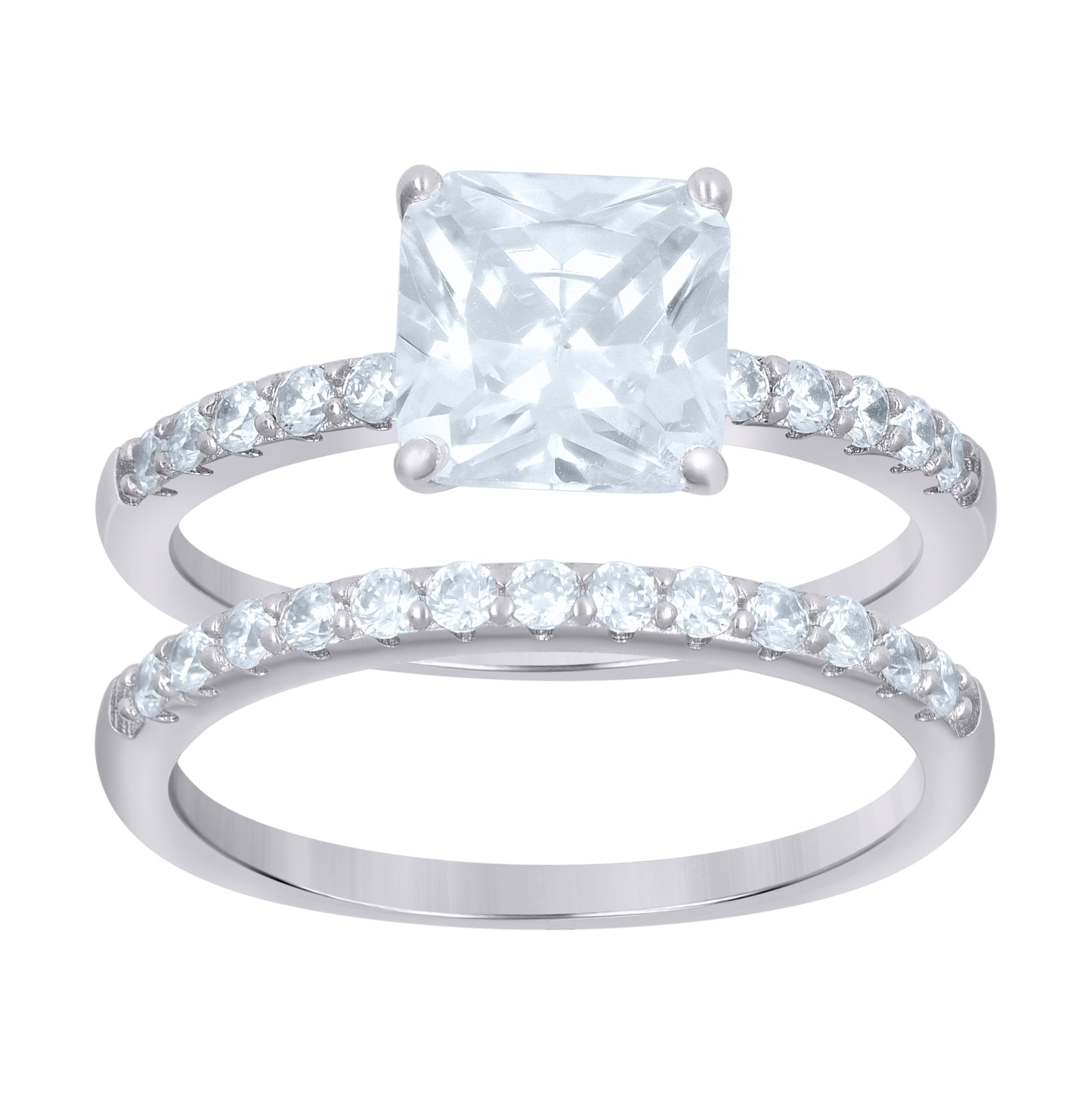 Sterling Silver Womens Princess-Cut Round Cubic-Zirconia Square Head Duo Bridal Anniversary Wedding Engagement Band Ring Set