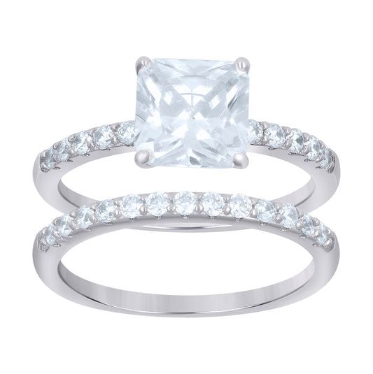 Sterling Silver Womens Princess-Cut Round Cubic-Zirconia Square Head Duo Bridal Anniversary Wedding Engagement Band Ring Set