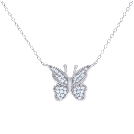 Sterling Silver Womens Cubic-Zirconia Butterfly Fashion Charm Necklace