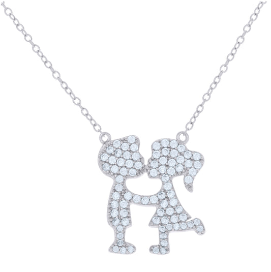 Sterling Silver Womens Cubic-Zirconia Girl Boy Kiss Charm Necklace