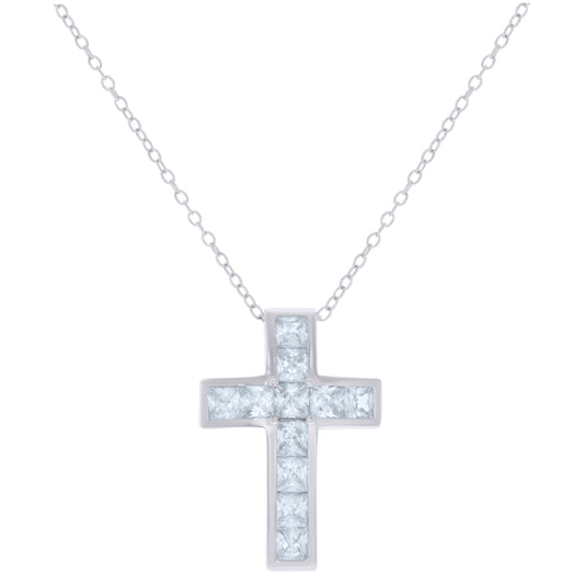 Sterling Silver Womens Princess-Cut Cubic-Zirconia Cross Religious Charm Necklace
