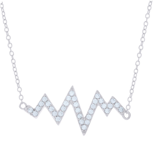 Sterling Silver Womens Cubic-Zirconia Heartbeat Charm Necklace