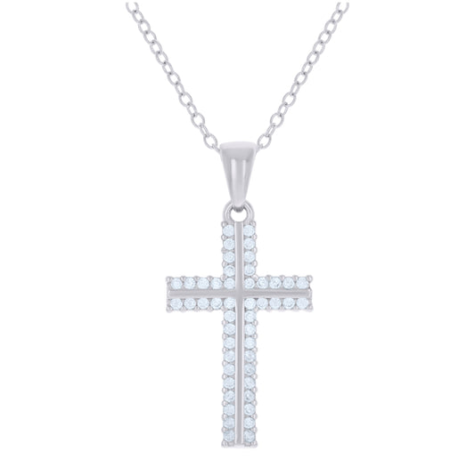 Sterling Silver Womens Cubic-Zirconia Cross Religious Charm Necklace