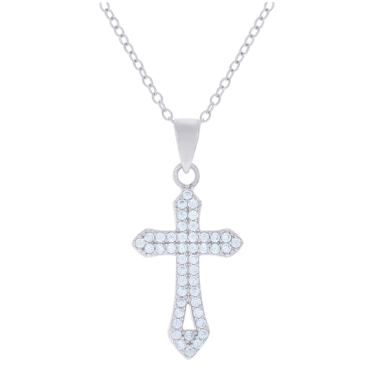 Sterling Silver Womens Cubic-Zirconia Cross Religious Charm Necklace
