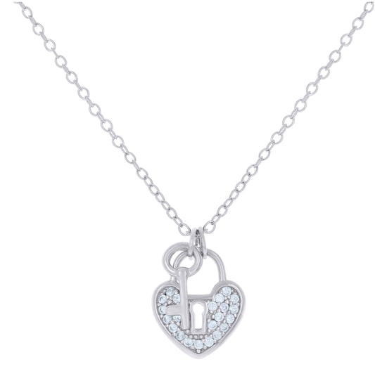 Sterling Silver Womens Cubic-Zirconia Heart Lock Charm Necklace