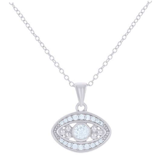 Sterling Silver Womens Cubic-Zirconia Evil Eye Good Luck Charm Necklace
