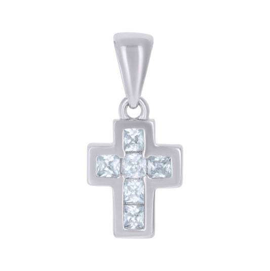Sterling Silver Womens Princess-Cut Cubic-Zirconia Cross Religious Charm Pendant