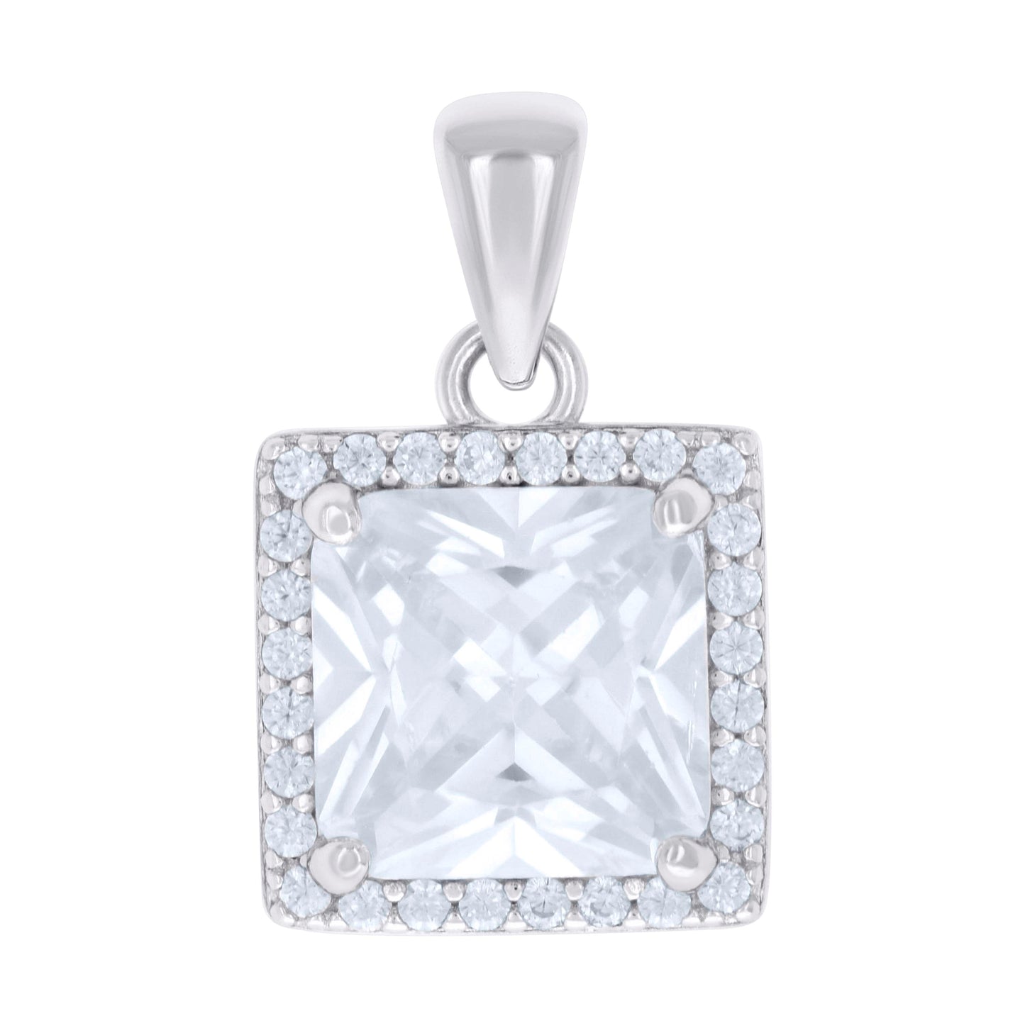 Sterling Silver Womens Princess-Cut Round Cubic-Zirconia Square Fashion Charm Pendant