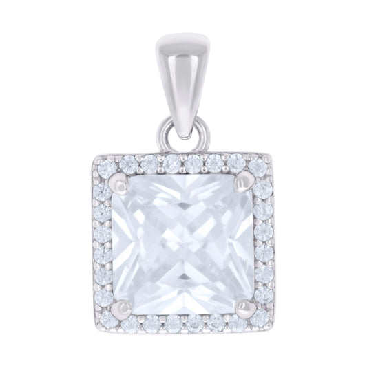 Sterling Silver Womens Princess-Cut Round Cubic-Zirconia Square Fashion Charm Pendant