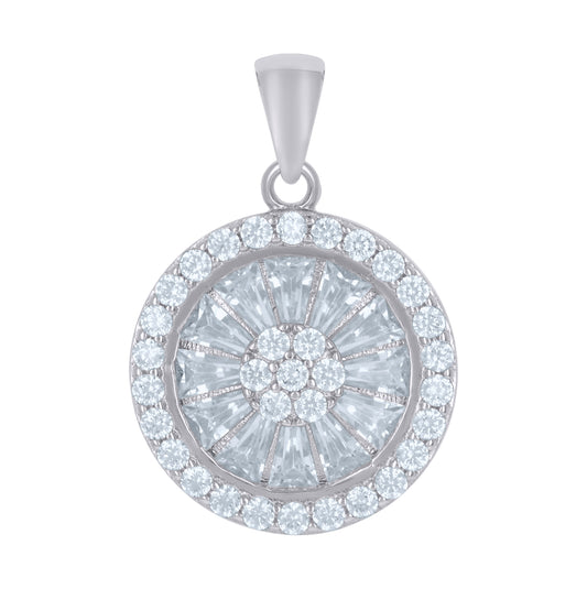 Sterling Silver Womens Baguette Round Cubic-Zirconia Fashion Charm Pendant
