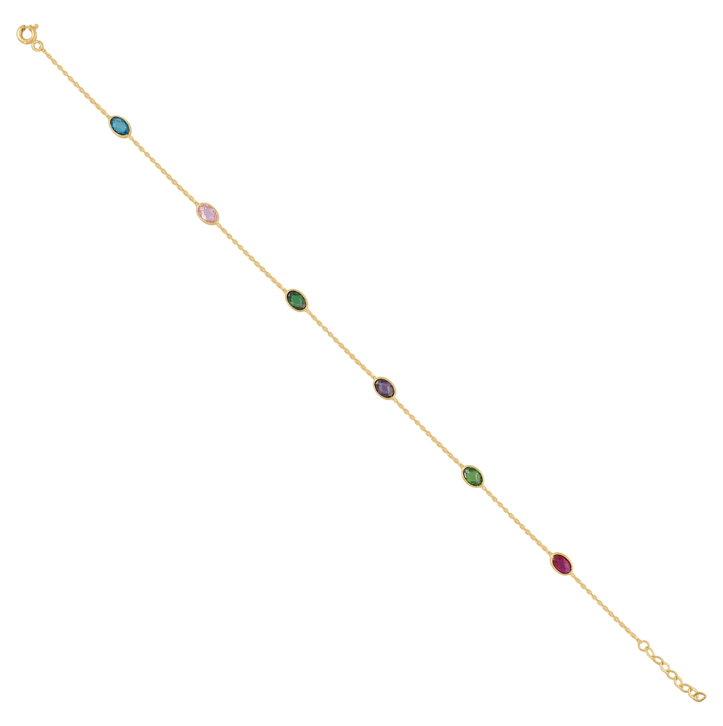 14K Yellow Gold Womens Multi-Color Oval Cubic Zirconia Chain Anklet Size 10 Inches