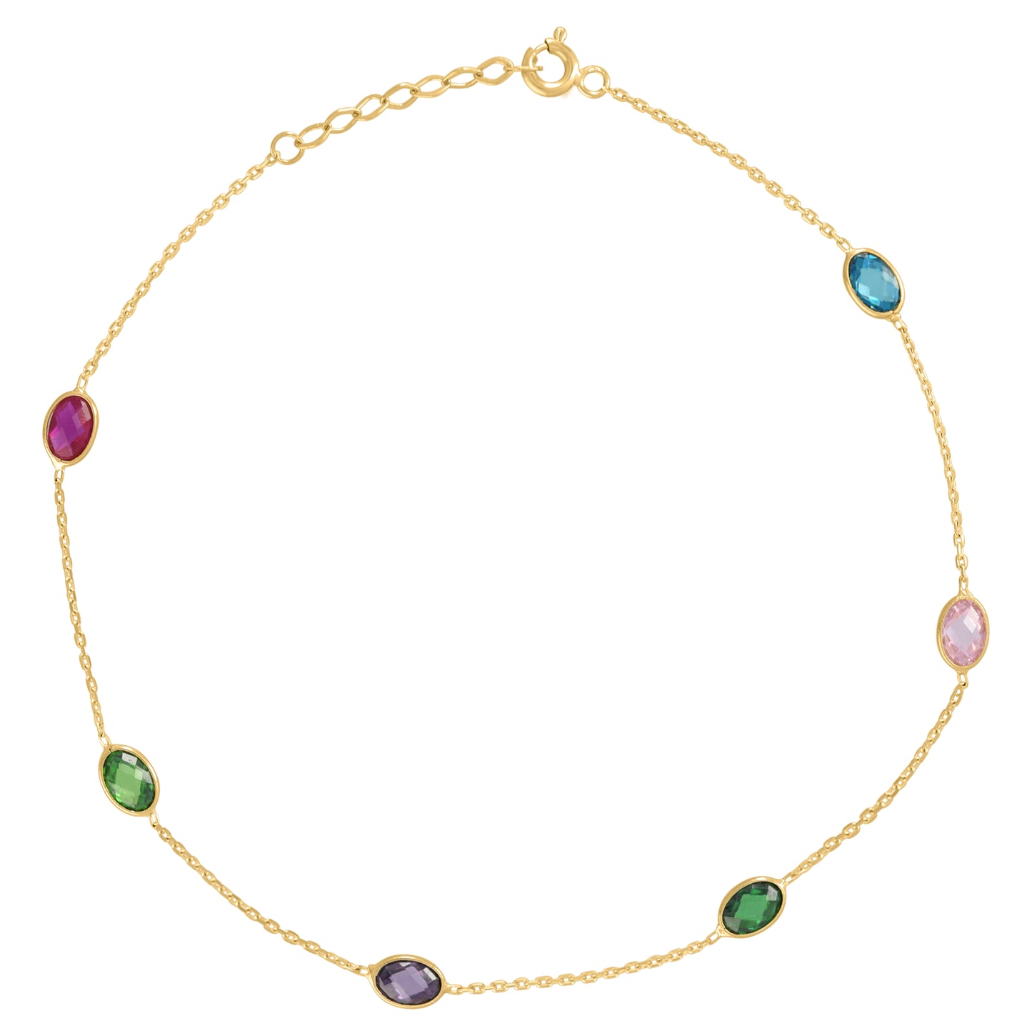 14K Yellow Gold Womens Multi-Color Oval Cubic Zirconia Chain Anklet Size 10 Inches