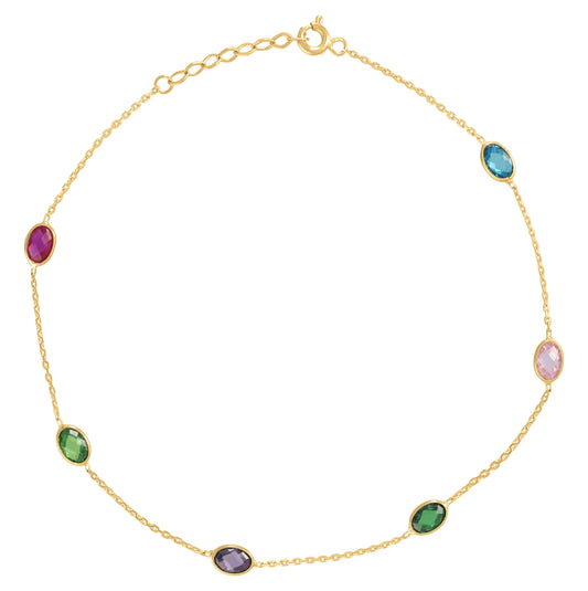 14K Yellow Gold Womens Multi-Color Oval Cubic Zirconia Chain Anklet Size 10 Inches