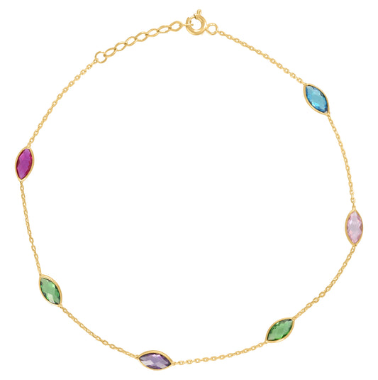 14K Yellow Gold Womens Multi-Color Marquise Cubic Zirconia Chain Anklet Size 10 Inches