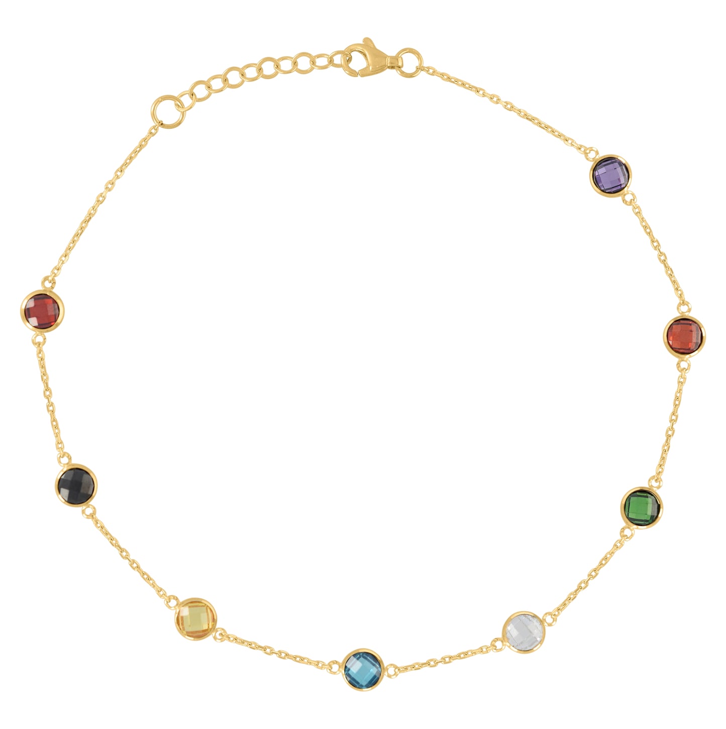 14K Yellow Gold Womens Multi-Color Cubic Zirconia Chain Anklet Size 10 Inches