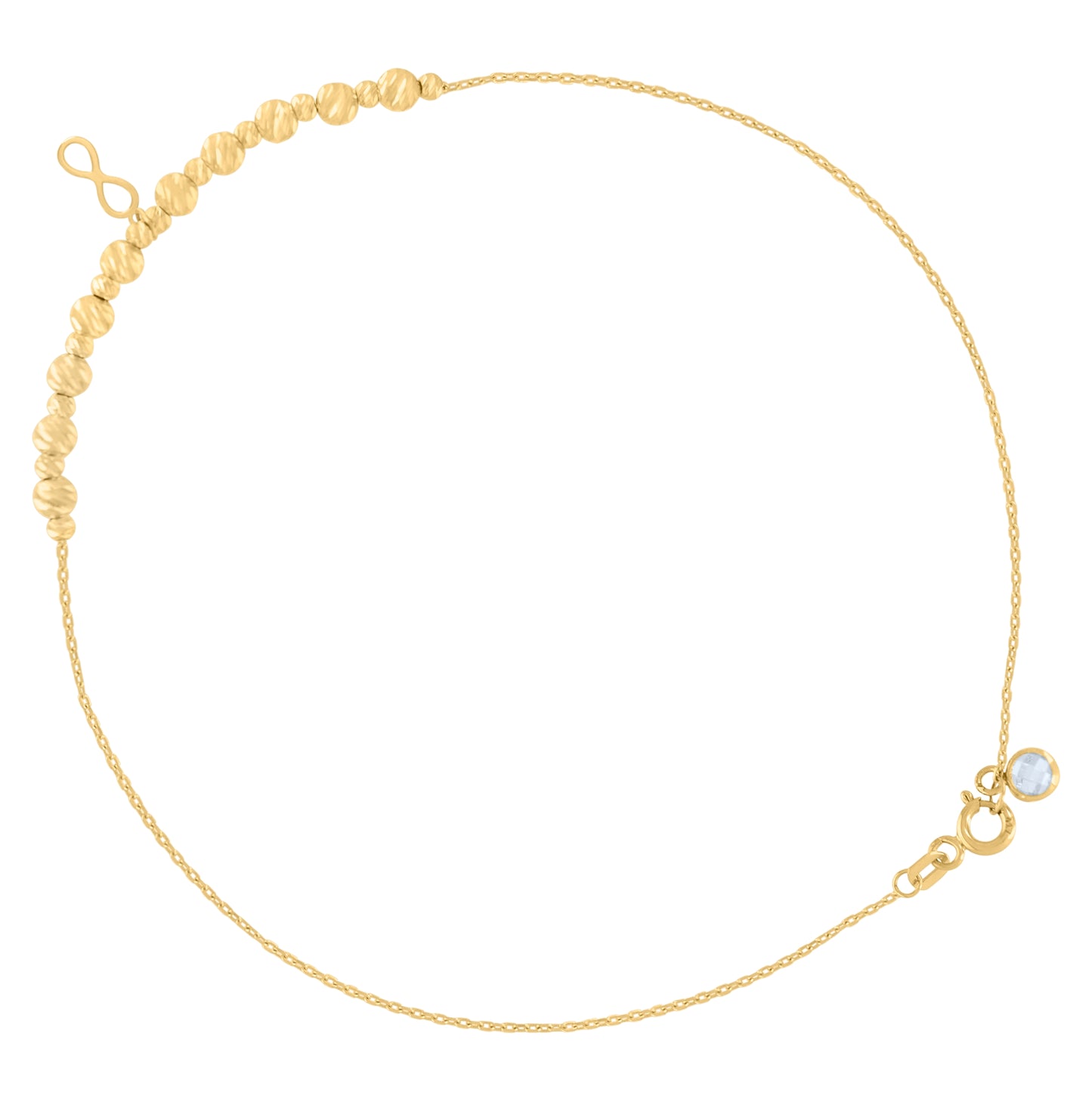 10K Yellow Gold Womens Cubic-Zirconia Infinity Diamond-Cut Beaded Charm Anklet Size 10 Inches
