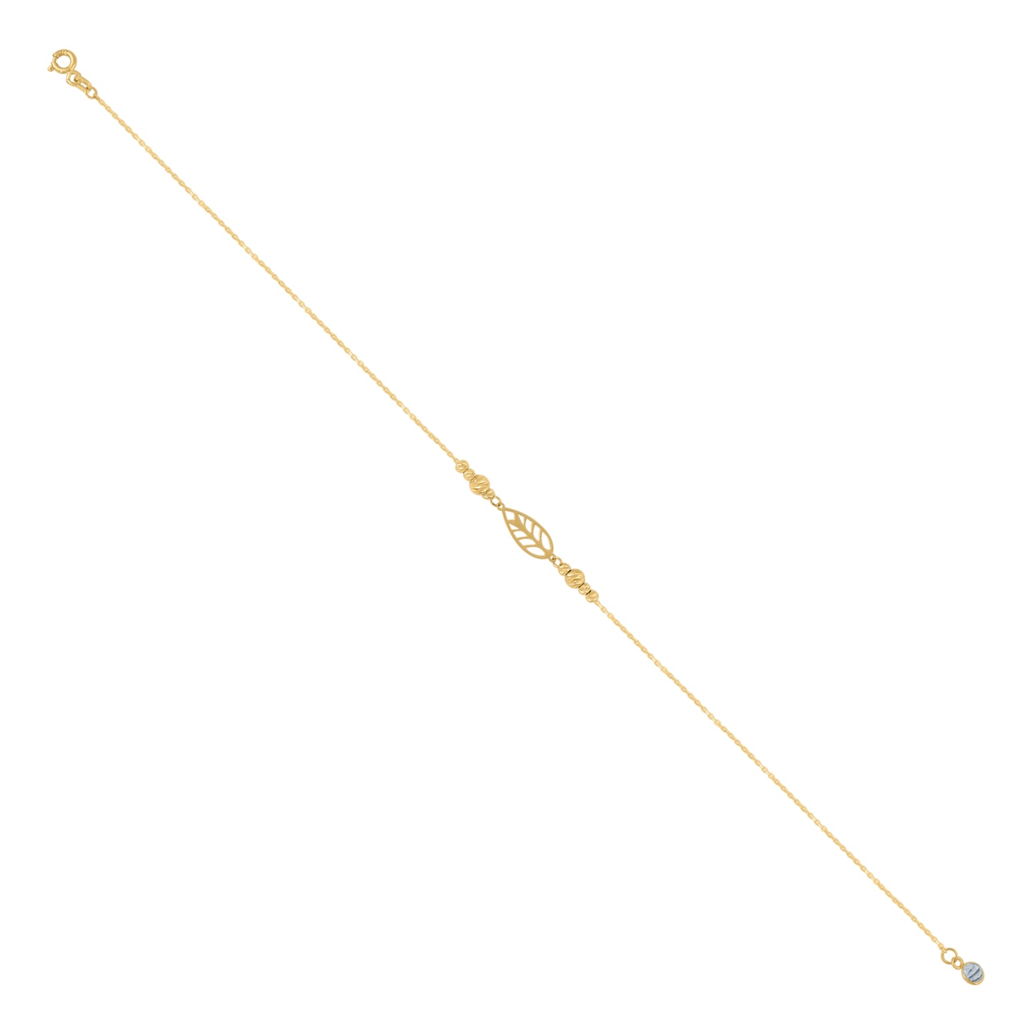 10K Yellow Gold Womens Cubic-Zirconia Leaf Diamond-Cut Beaded Charm Anklet Size 10 Inches