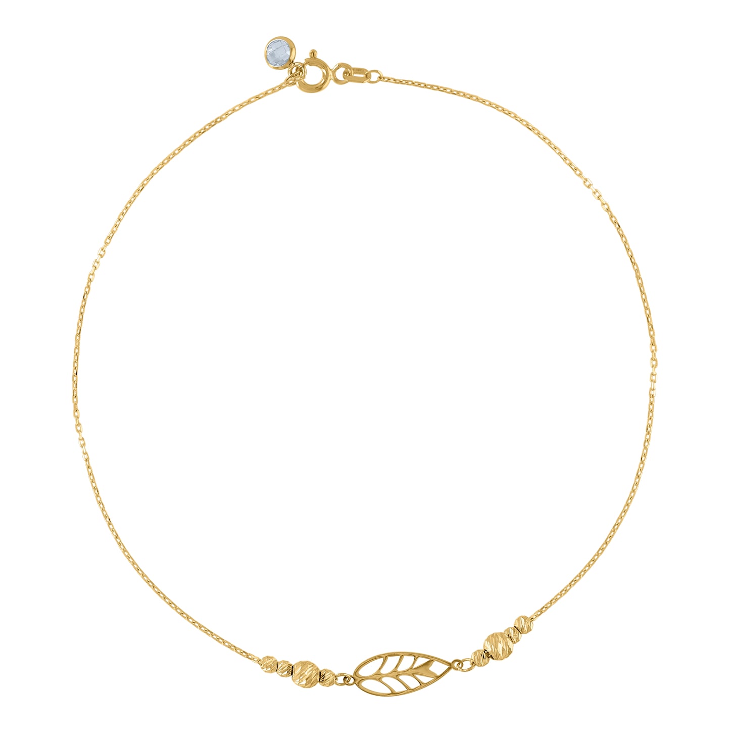 10K Yellow Gold Womens Cubic-Zirconia Leaf Diamond-Cut Beaded Charm Anklet Size 10 Inches