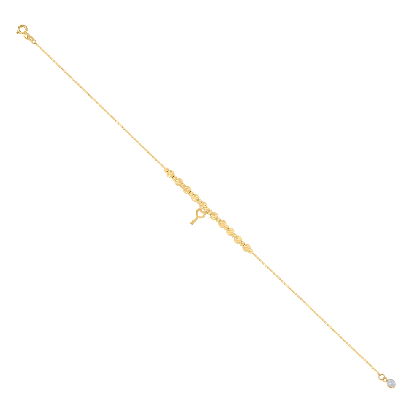 10K Yellow Gold Womens Cubic-Zirconia Heart Key Diamond-Cut Beaded Charm Anklet Size 10 Inches