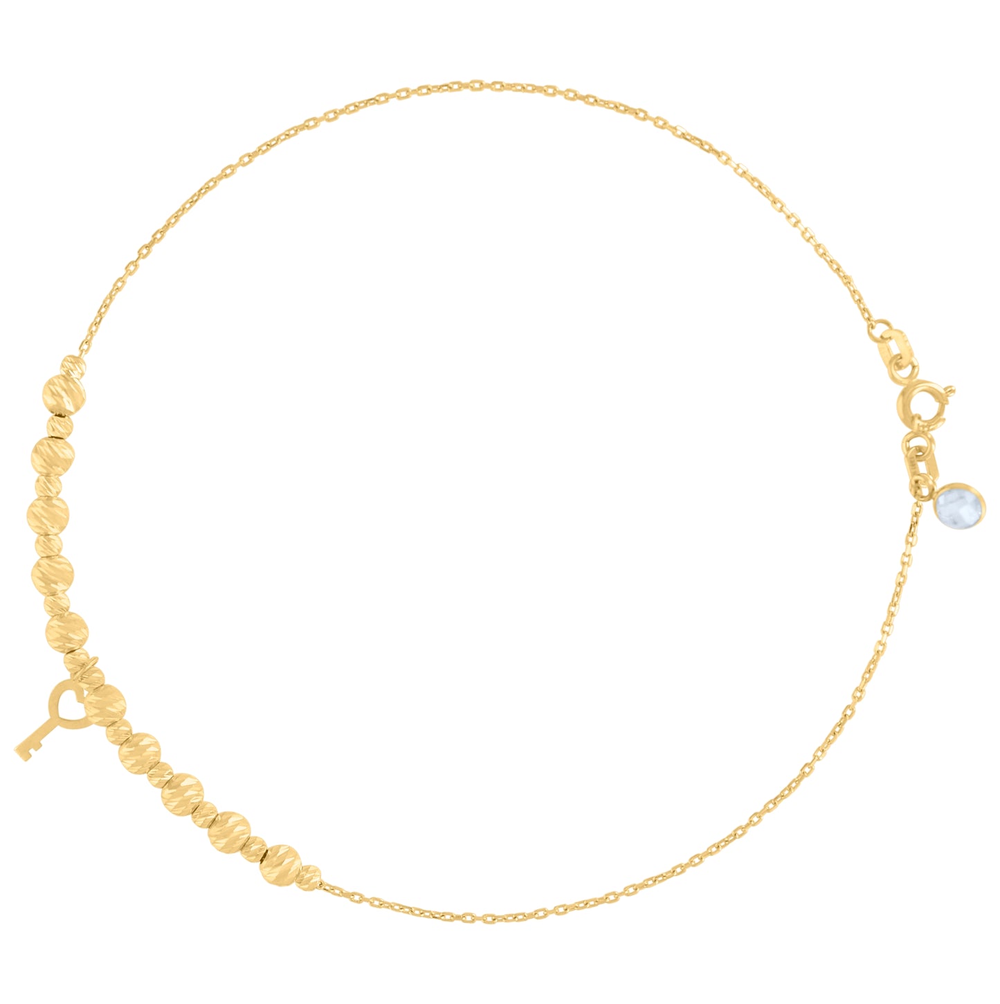 10K Yellow Gold Womens Cubic-Zirconia Heart Key Diamond-Cut Beaded Charm Anklet Size 10 Inches