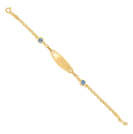 10K Yellow Gold Womens Blue Enamel Evil Eye Good Luck ID Bracelet Size 6 Inches