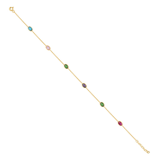 10K Yellow Gold Womens Multi-Color Oval Cubic-Zirconia Chain Anklet Size 10 Inches