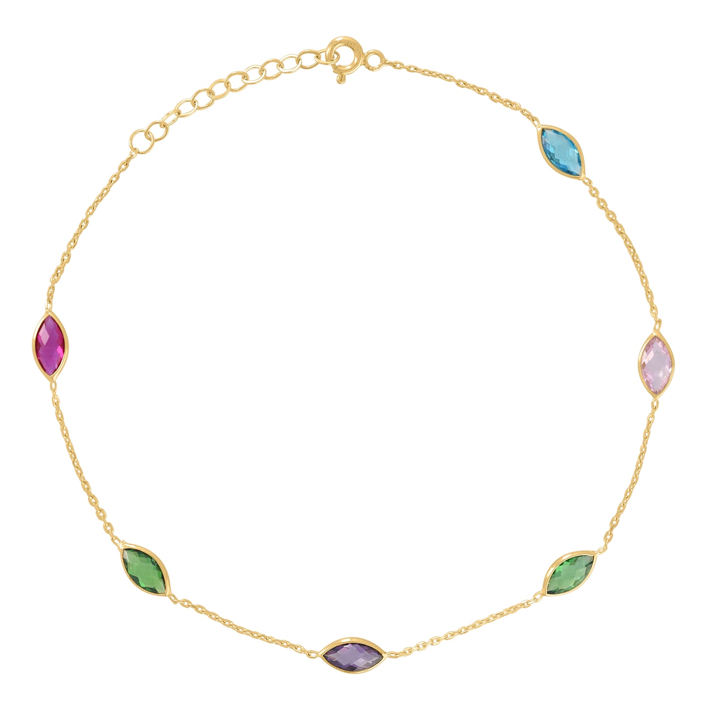 10K Yellow Gold Womens Multi-Color Marquise Cubic-Zirconia Chain Anklet Size 10 Inches